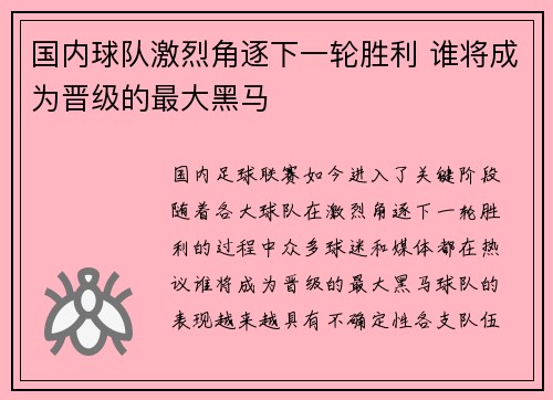 国内球队激烈角逐下一轮胜利 谁将成为晋级的最大黑马 国内球队激烈角逐下一轮胜利 谁将成为晋级的最大黑马