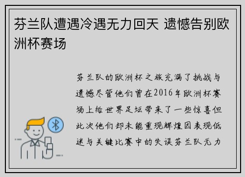 芬兰队遭遇冷遇无力回天 遗憾告别欧洲杯赛场 芬兰队遭遇冷遇无力回天 遗憾告别欧洲杯赛场
