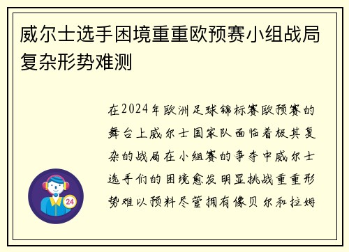 威尔士选手困境重重欧预赛小组战局复杂形势难测 威尔士选手困境重重欧预赛小组战局复杂形势难测